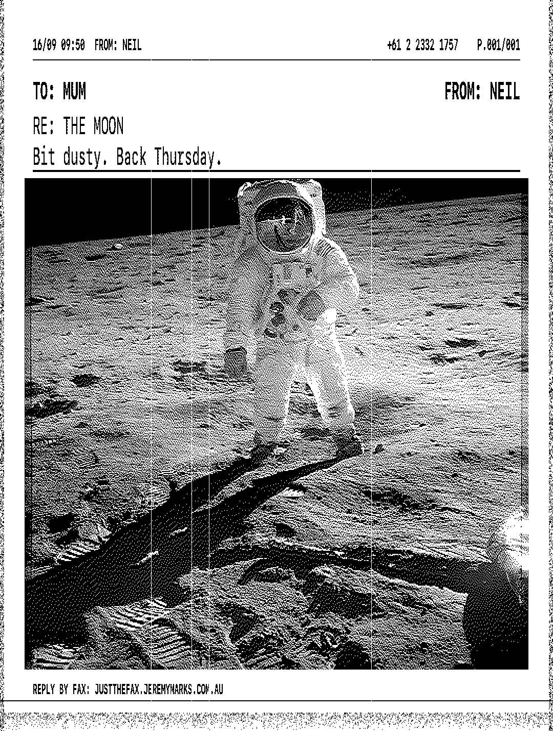 The same Moon fax at CONDITION: HAUNTED — a heavier skew, dropped scanlines, white roller streaks down the page, crud along the edges and a curl at the bottom.